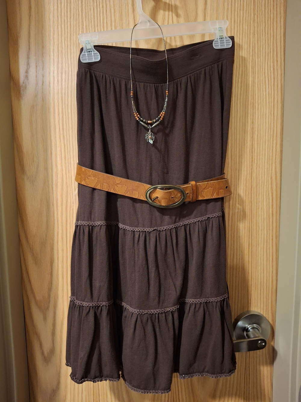 Covington Dark Brown Tiered A-Line Skirt with Tan Belt